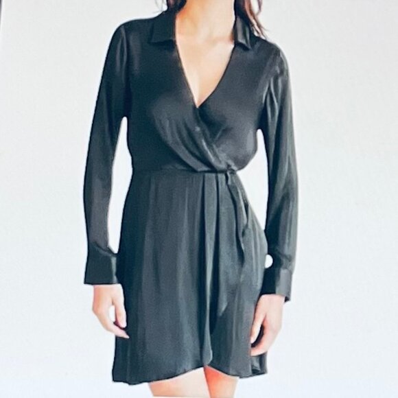 Steve Madden Washed Satin Faux Wrap Dress in black (L) New with Tag - Picture 1 of 13